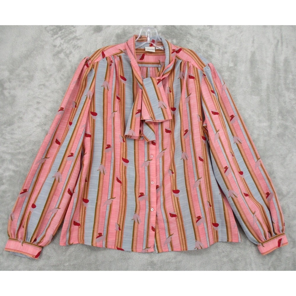 Vintage Pykettes Blouse Womens Size L Button Tie Neck Striped Retro Modest Pink